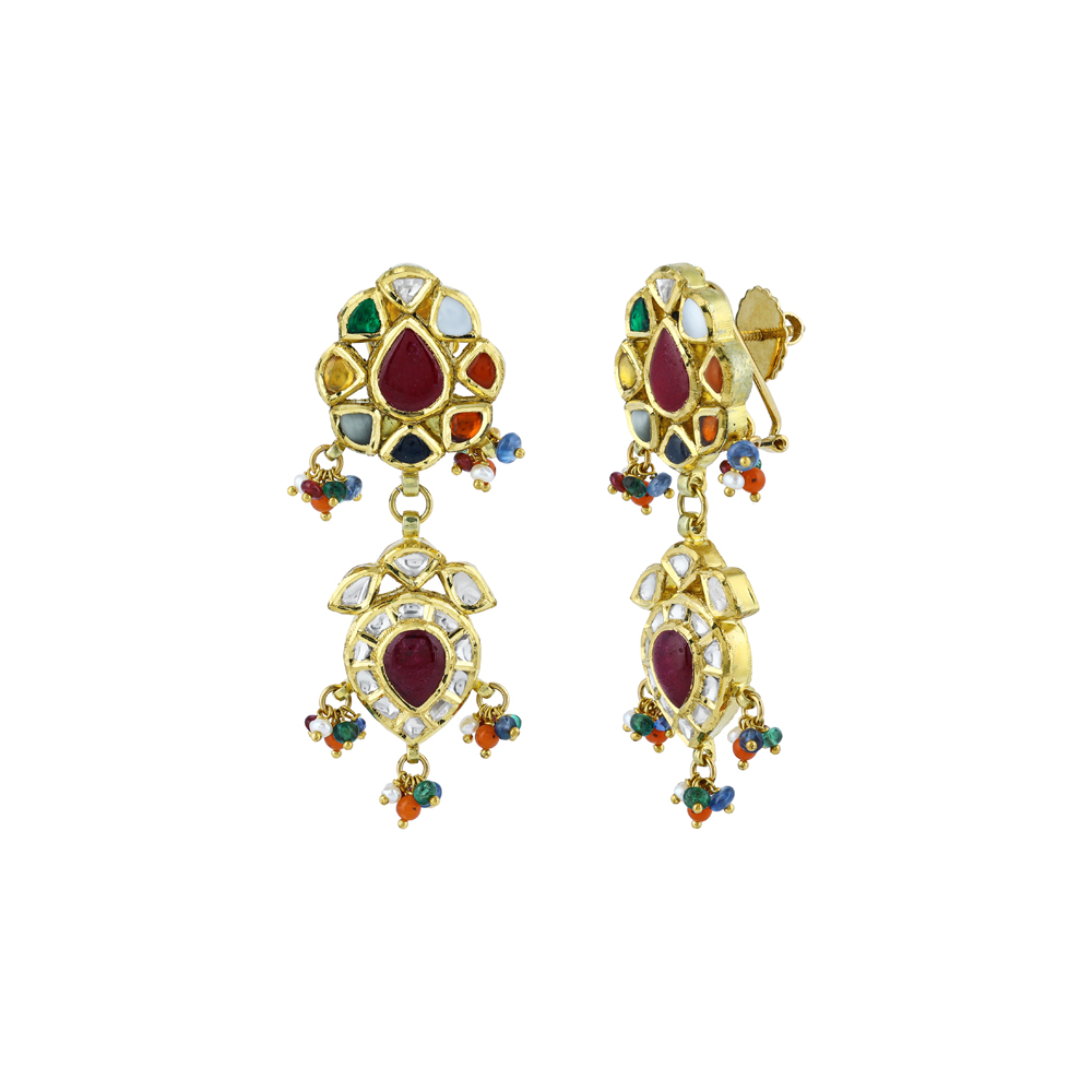 Navratna Earrings with Polki Diamonds and colourful Beads